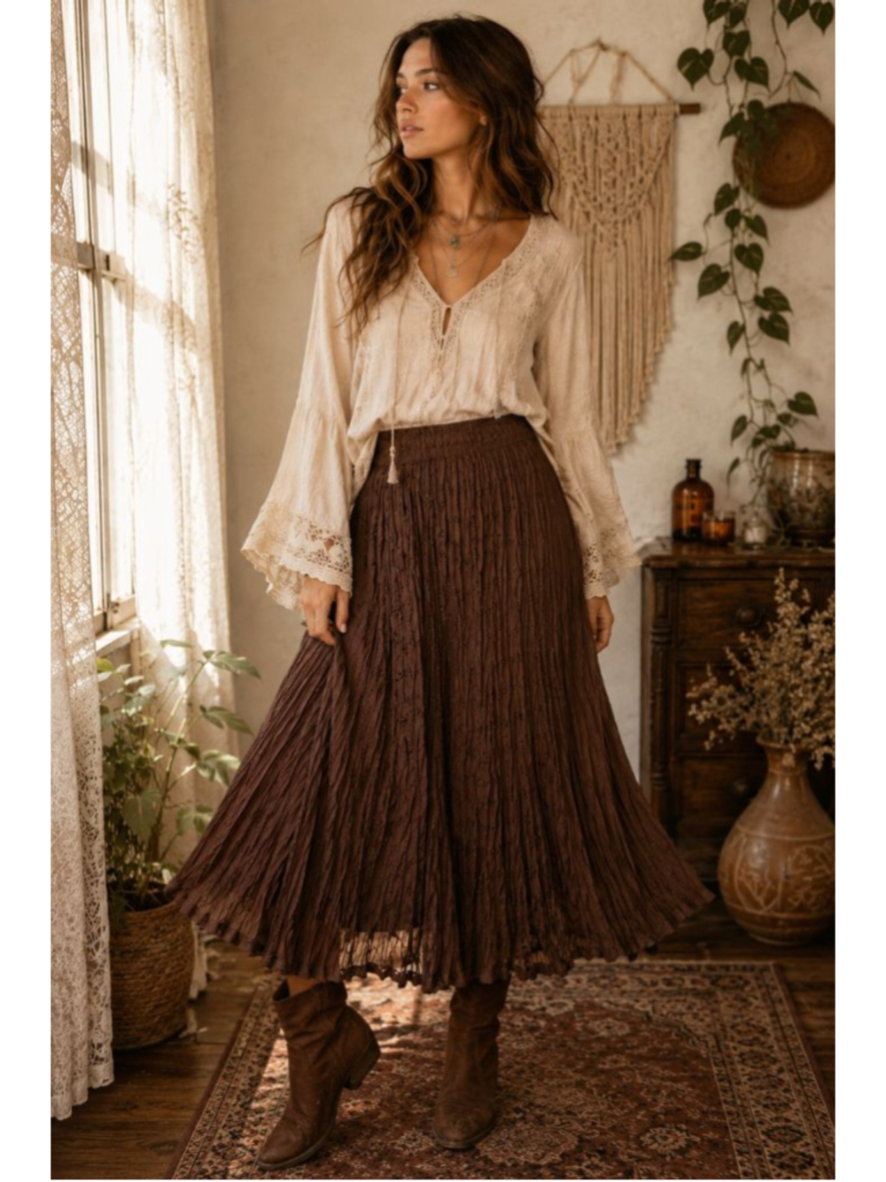 SLB Chocolate Brown Crinkle Midi Skirt XL Embroidered Boho Prairie Cottagecore